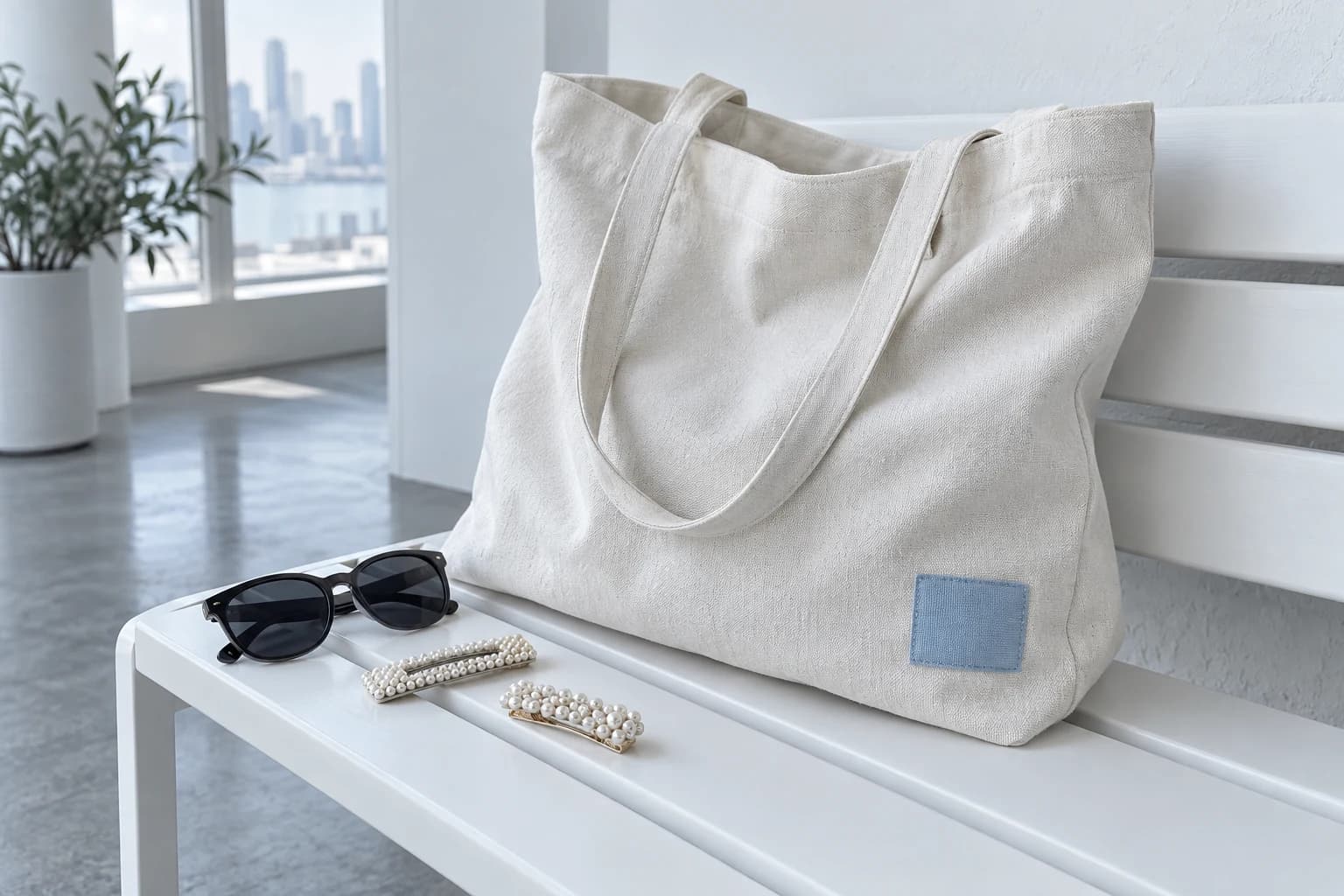 White canvas tote, pearl hair clips and sunglasses on a white bench