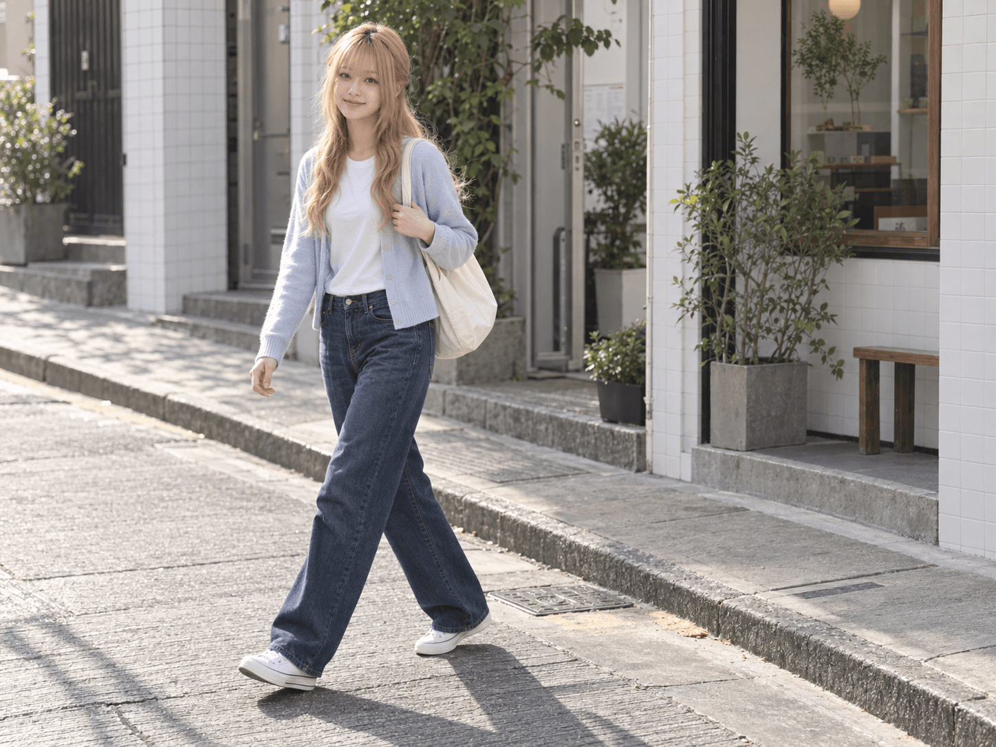 A blue cardigan, white tee and relaxed jeans on a sunny city walk